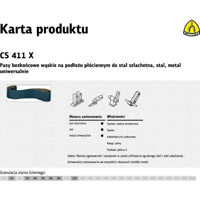 Klingspor PASY BEZKOŃCOWE DO ELEKTRONARZĘDZI CS411X 75mm x 533mm gr. 60 /10szt. STAL SZLACHETNA